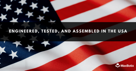 MaxBotix® Inc. Engineered, Tested And Assembled in the USA text over a us flag graphic
