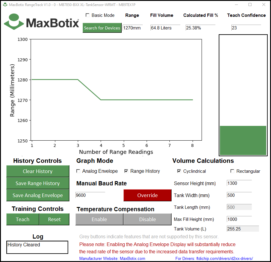 RangeTrack Software by MaxBotix displaying sample data to show ease of use and features
