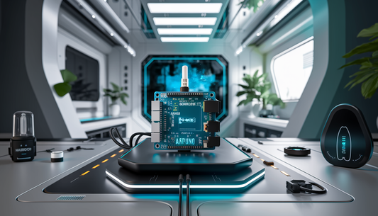 A sleek Arduino setup with a humidity sensor in a high-tech environment featuring clean lines, circuit boards, and sensor technology.