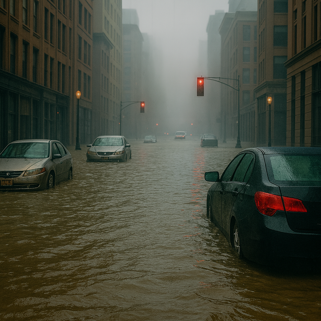 Flooded city street with submerged cars, fog, and red traffic lights glowing in the mist.