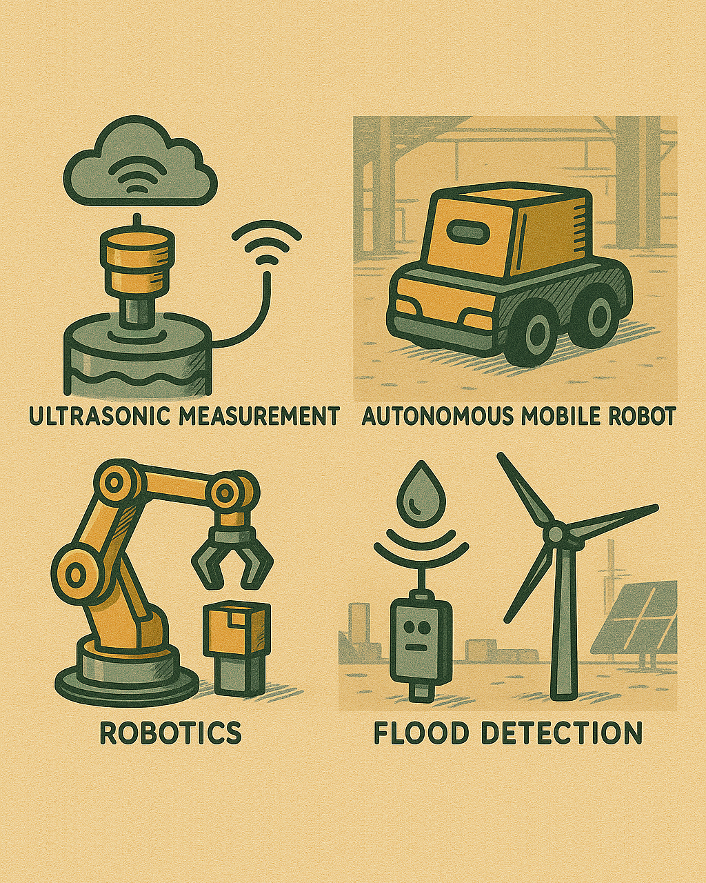 Illustrations of ultrasonic measurement, autonomous mobile robot, robotics, and flood detection on a beige background.