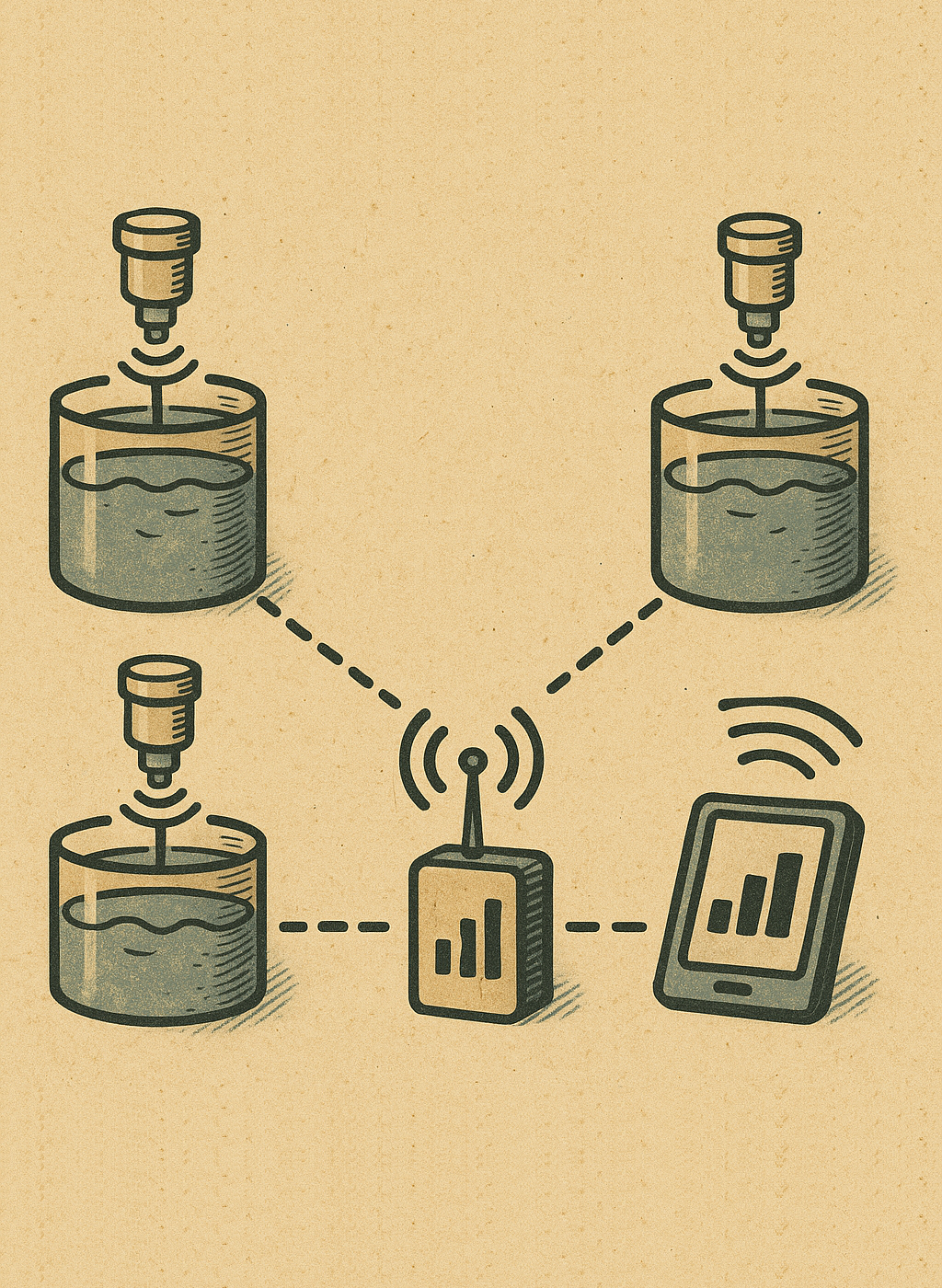 Three ultrasonic sensors measuring liquid levels in containers that are connected wirelessly and transmitting data to a tablet.