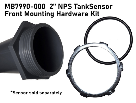 2" NPS tank sensor mounting hardware kit showing a black threaded pipe fitting, a black O-ring, and a silver metal ring.
