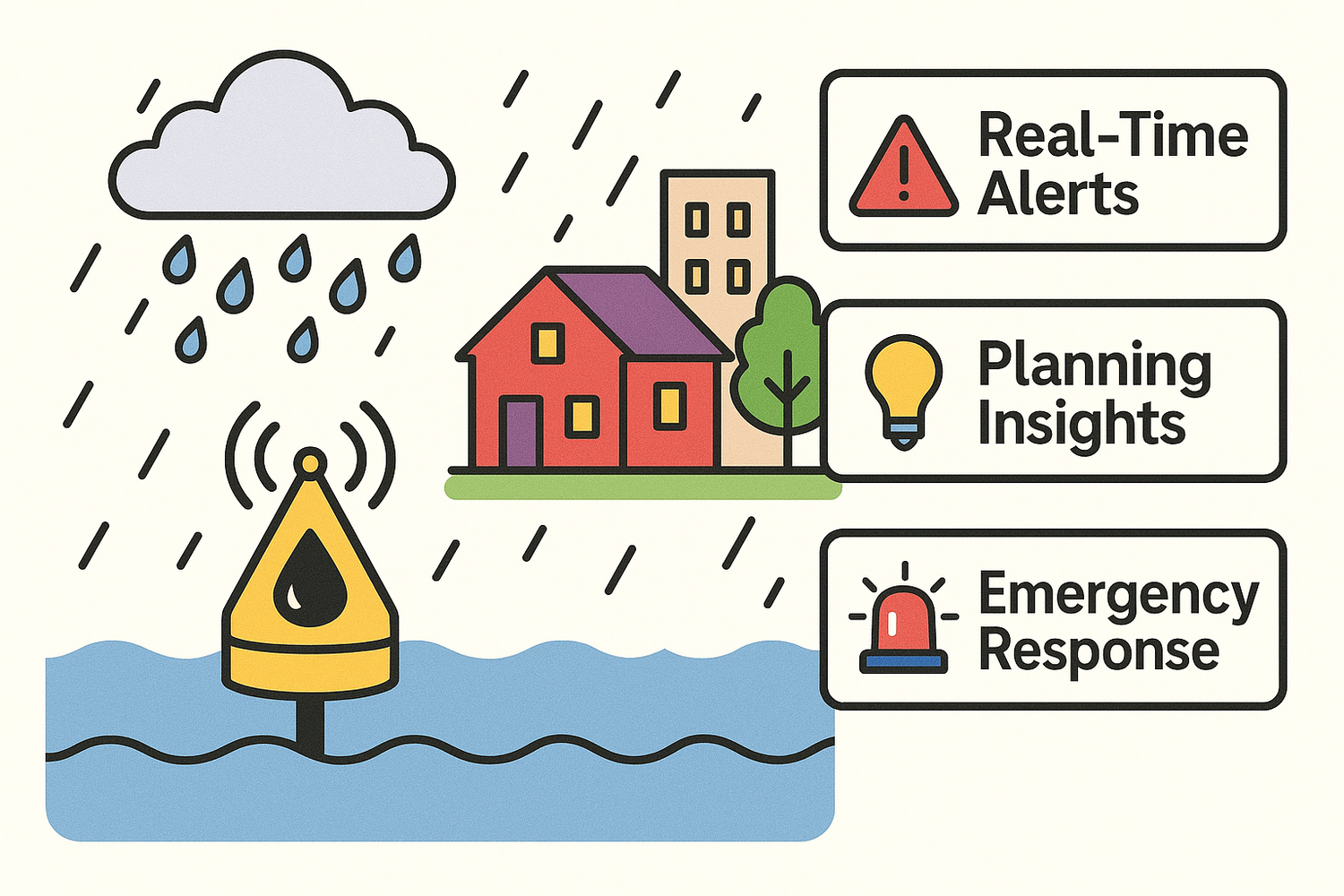 Cartoon flood sensor in rain sending signals, with labels: Real-Time Alerts, Planning Insights, Emergency Response.