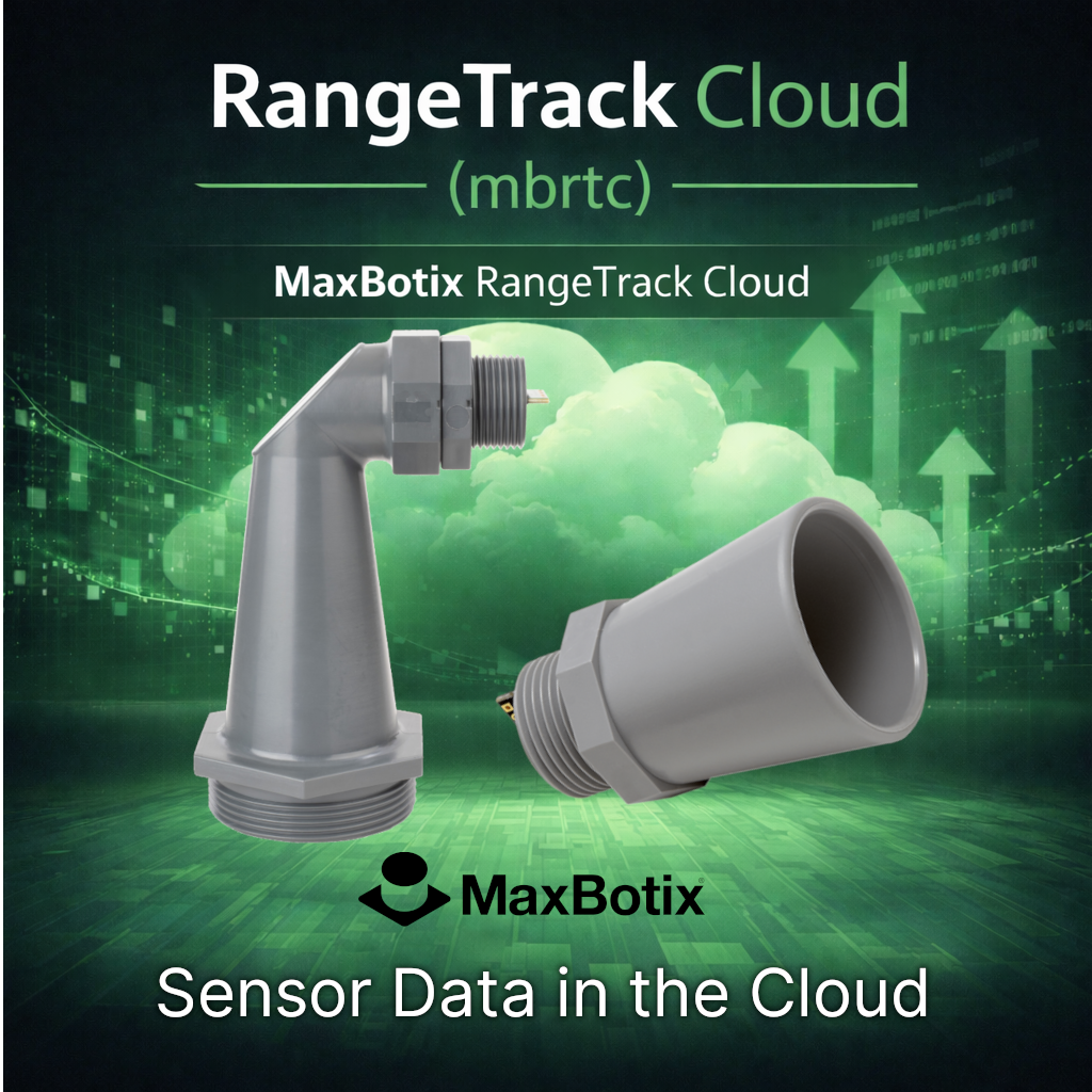 Product Thumbnail for MaxBotix RangeTrack Cloud Software showing two MaxBotix Ultrasonic Sensors with a futuristic cloud and data scene in the background.
