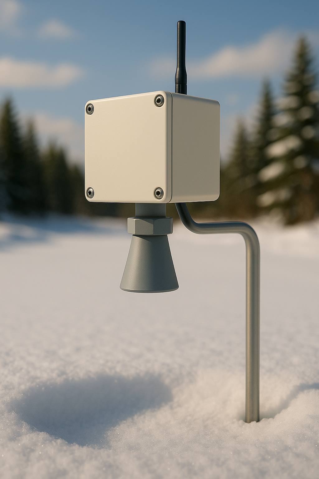 A wireless ultrasonic snow depth sensor mounted on a sturdy silver L-shaped pole in a snowy landscape. The sensor consists of a beige weatherproof box with four corner screws and a black antenna on top, and a gray conical transducer pointing downward toward the snow. The snow surface is smooth and level, with evergreen trees and a blue sky in the blurred background.