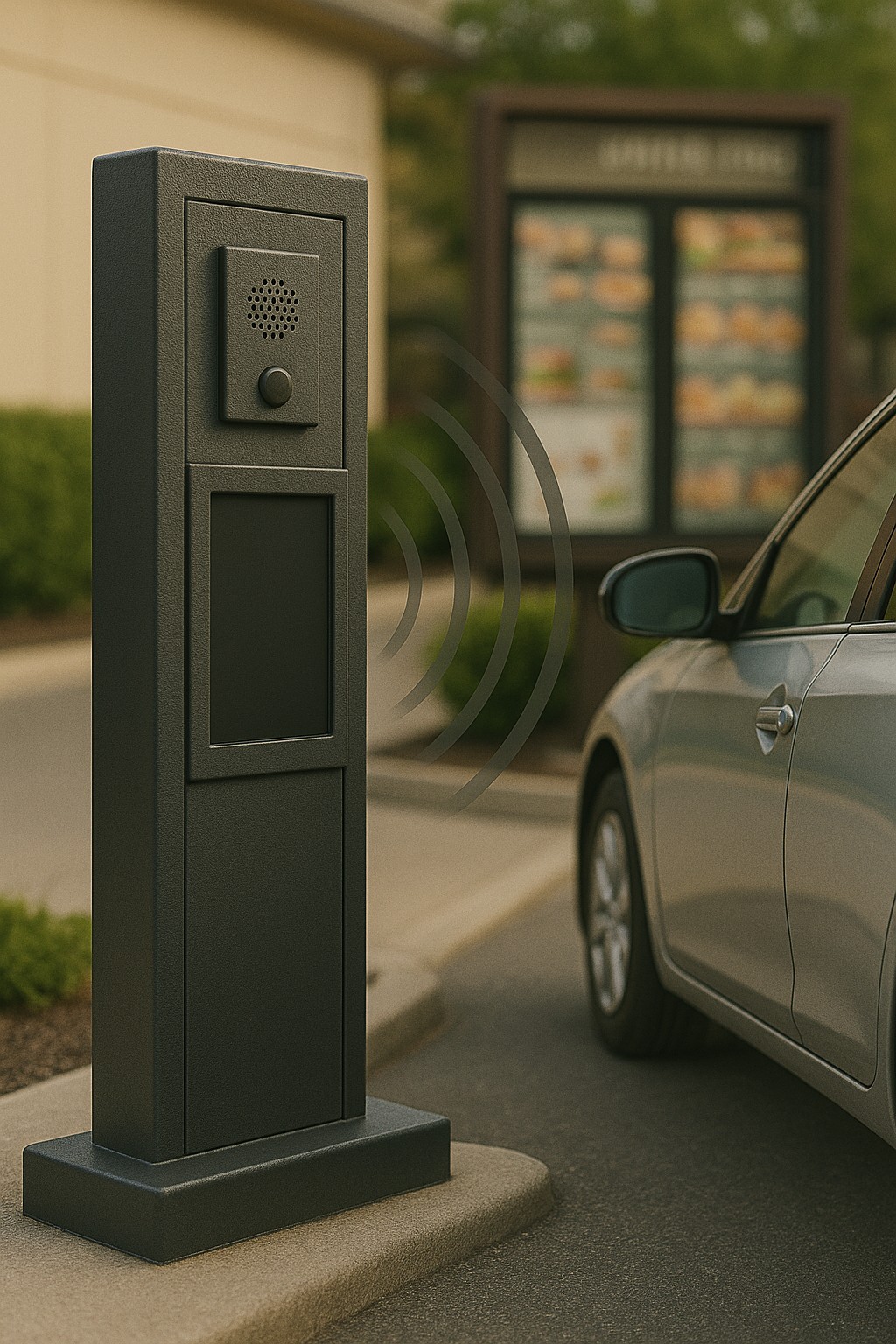A silver car stopped at a fast-food drive-thru ordering station. The black kiosk features a speaker, microphone, and display screen, with illustrated sound waves indicating communication. A blurred menu board is visible in the background.