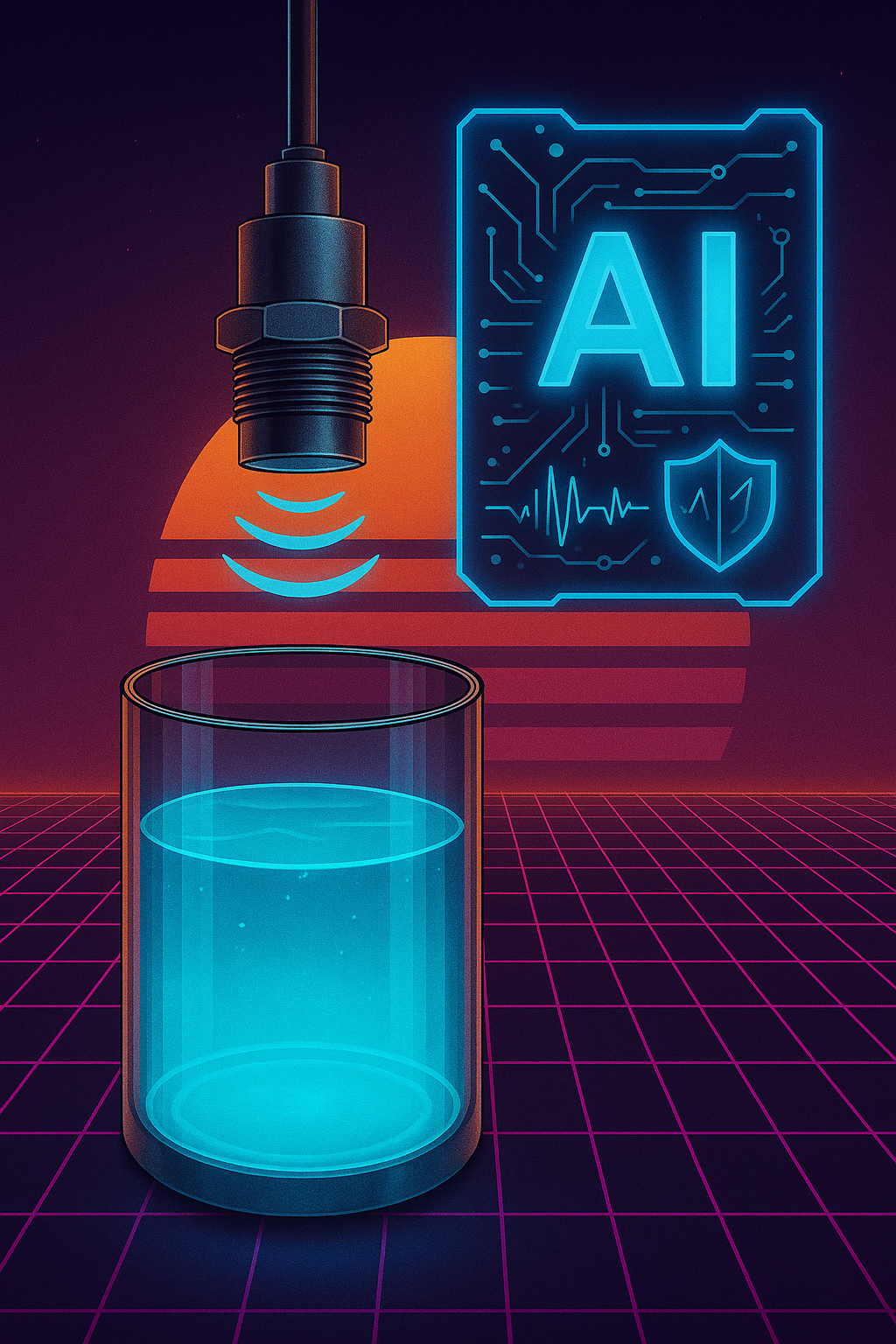 Close-up of an ultrasonic sensor over a liquid container, integrated with AI analytics, set against a retro neon grid.