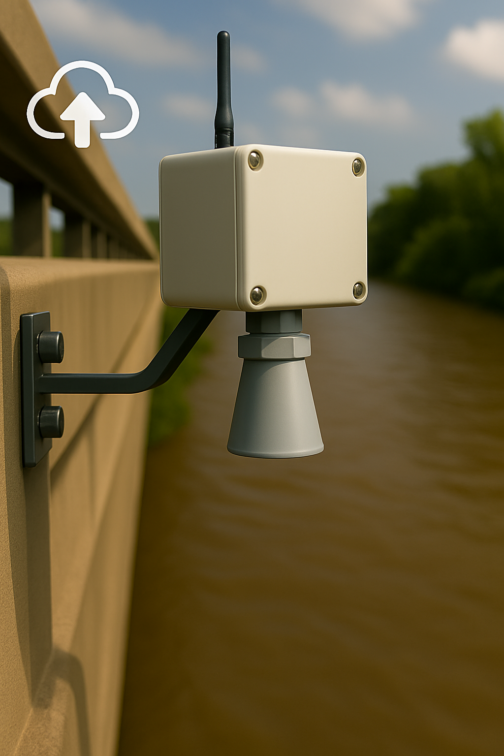 An ultrasonic flood monitoring sensor with a weatherproof enclosure mounted on a concrete bridge with a metal bracket, pointing downward toward a brown river below. The device has a vertical black antenna and an ultrasonic transducer, with wireless connectivity icons overlaid in the sky. Trees line the far bank under a partly cloudy sky.